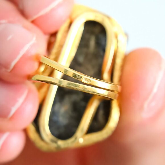 Baltic Amber Statement Ring – White & Black Amber, Gold Plated Sterling Silver - Picture 4 of 5